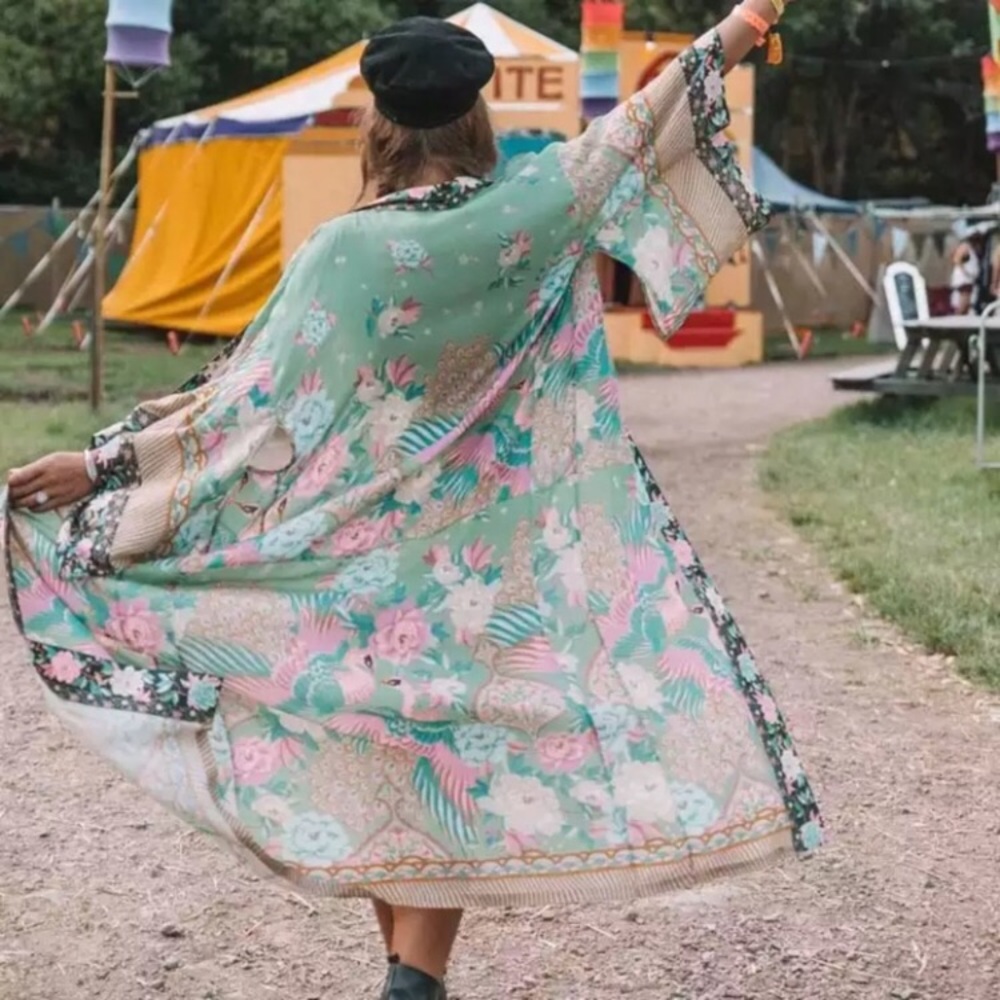 (Last 1) 📍Khaki Boho Kimono Robe, Peacock beachwear in color KHAKI brown design - Picture 8 of 15